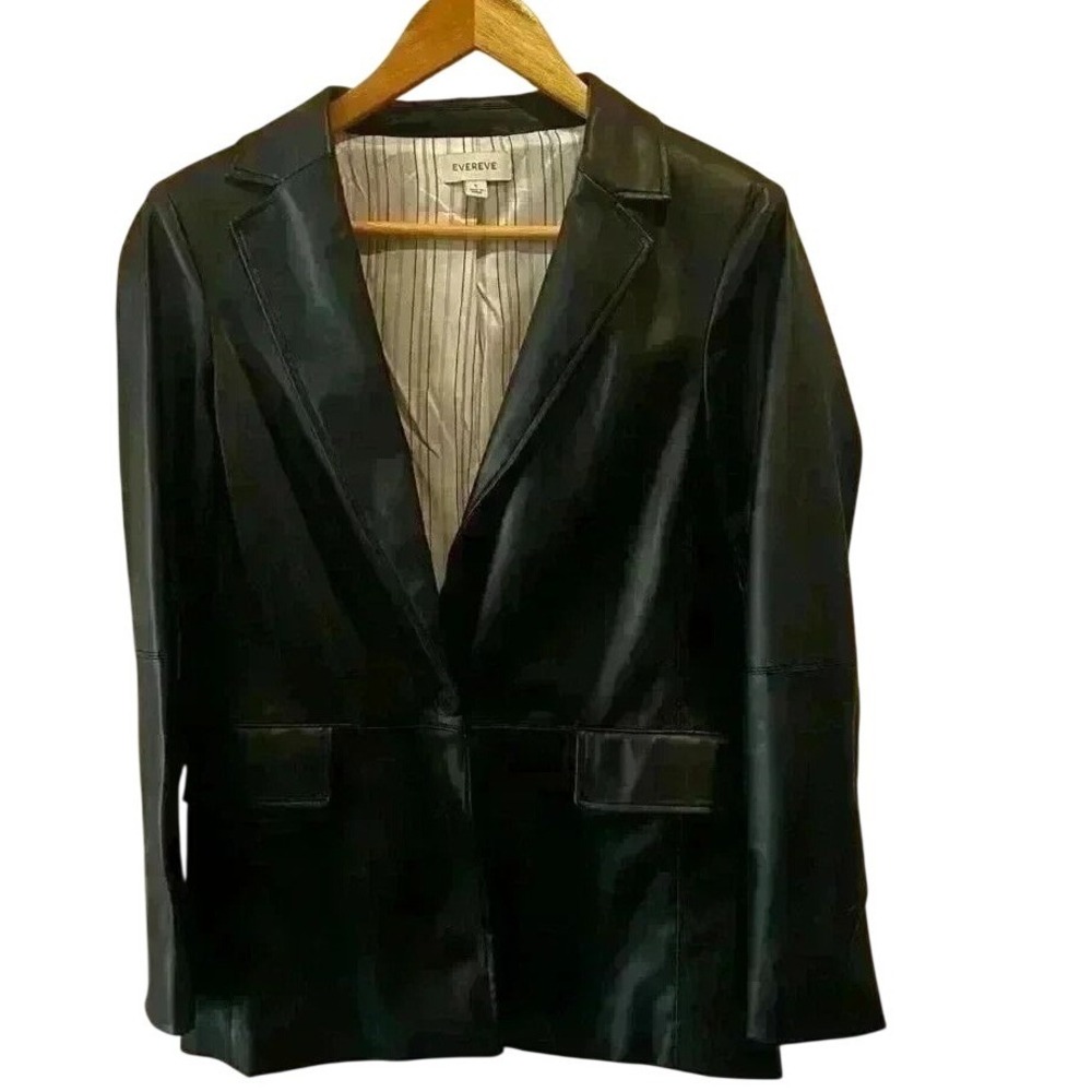 Evereve Women's S Black Faux Leather Blazer‎ Jacket Single Button